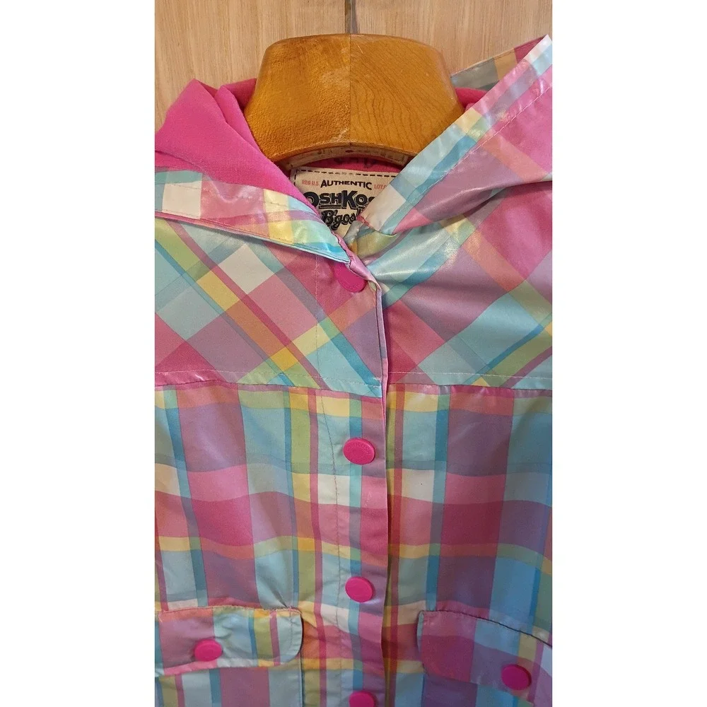 OshKosh Bgosh Girls Pastel Plaid Hooded Raincoat Retro Preppy Style Size 5